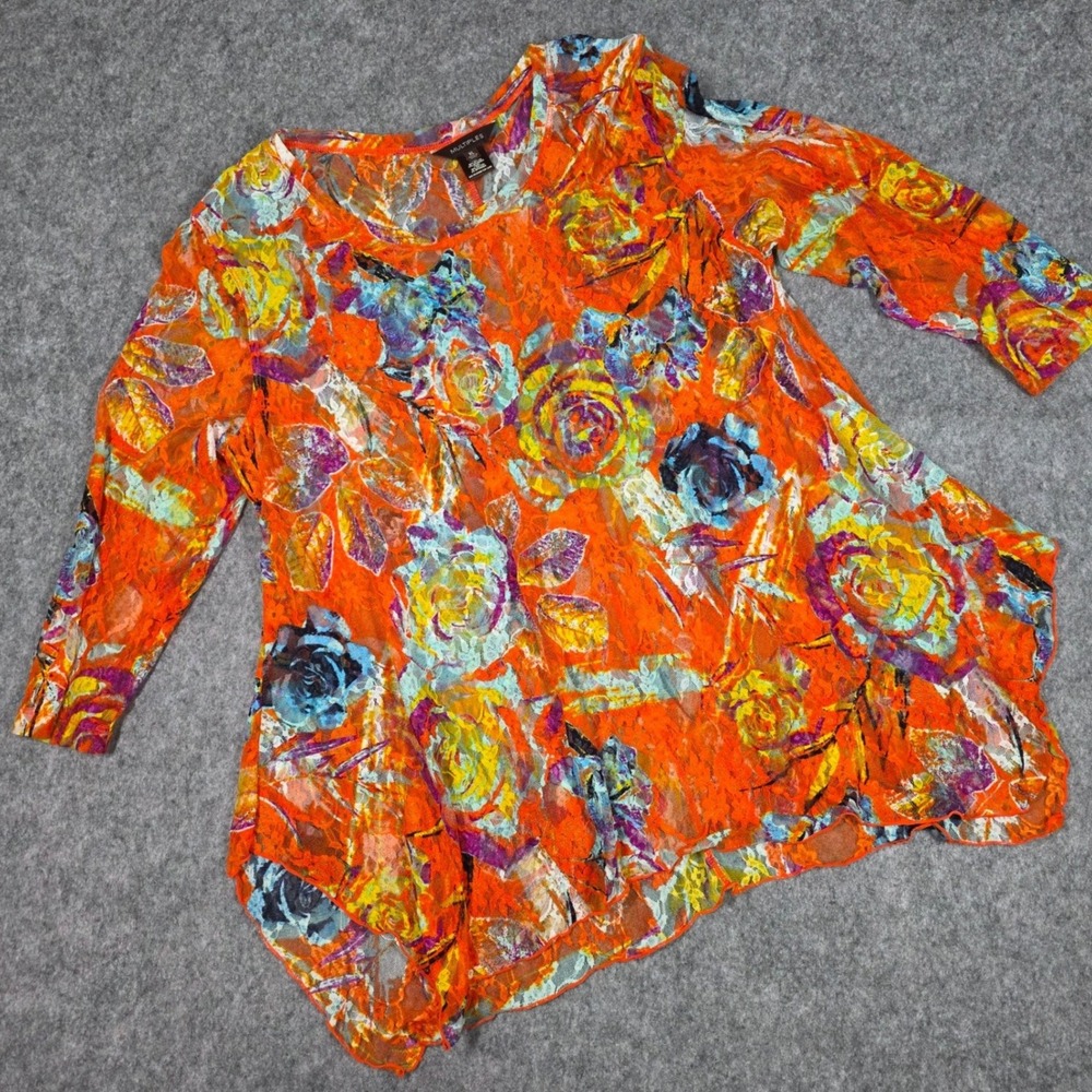 Multiples Lace Blouse Top Orange Floral Rose Asymmetrical XL Lagenlook Whimsical